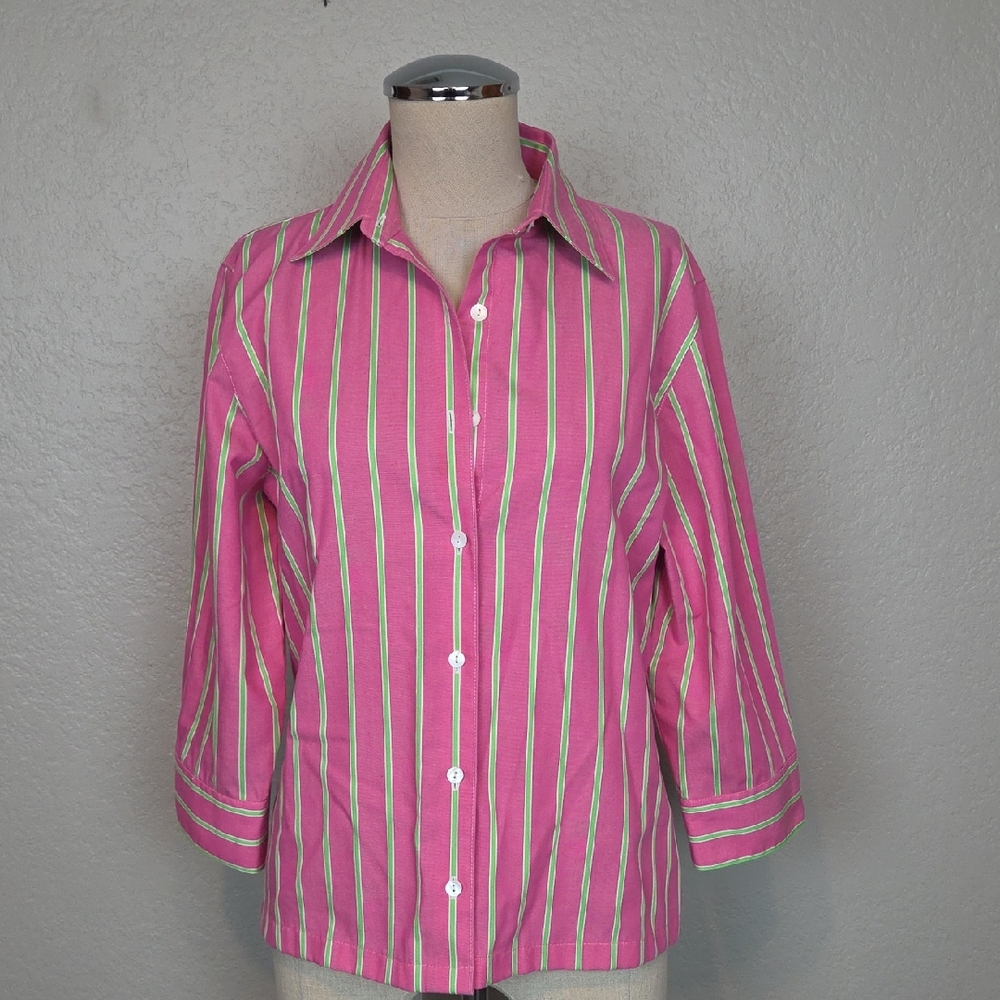 Foxcroft Pink and Green Wrinkle Free Button Down Blouse Size 6